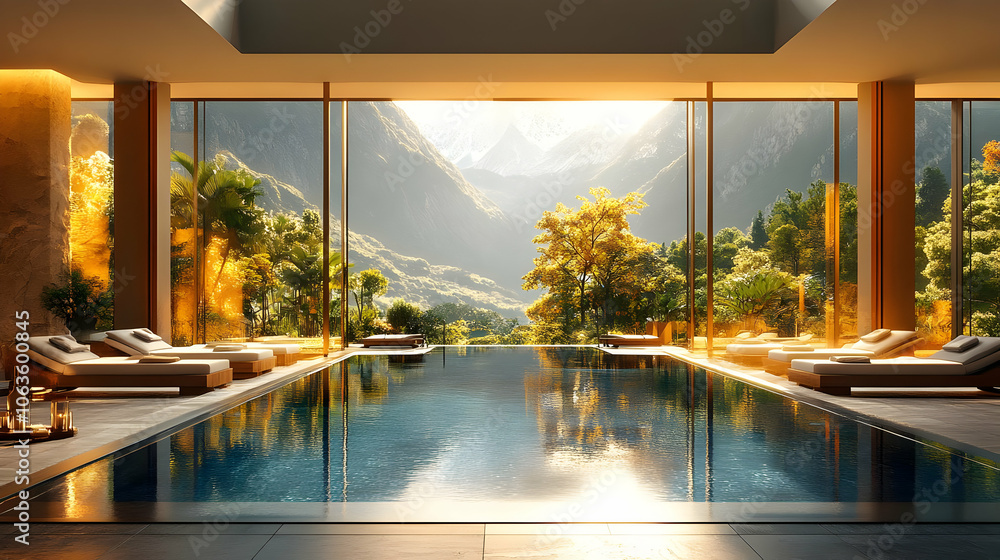 Fototapeta premium Mountain View Indoor Pool - 3D Illustration