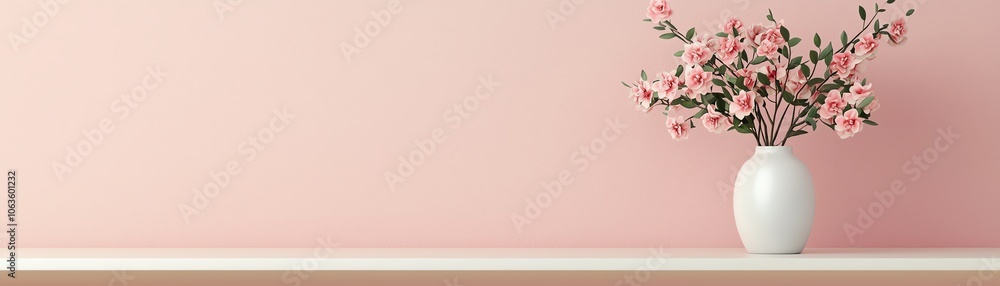 A minimalist decor featuring a white vase with delicate flowers against a soft pink wall, perfect for aesthetic home styling. A minimalist decor featuring a white vase with delicate flowers against a soft pink wall, perfect for aesthetic home styling.