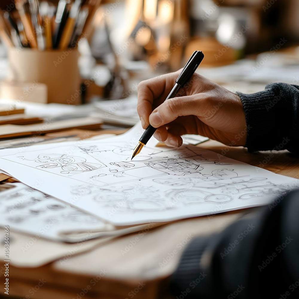 Artist sketching on paper with a pen at a desk. Artist sketching on paper with a pen at a desk.