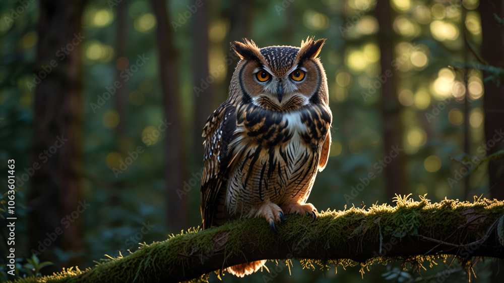 Macro shot of an owl in a dense woodland with amber eyes and moss-covered surroundings capturing the quiet beauty and tranquility of nature Macro shot of an owl in a dense woodland with amber eyes and moss-covered surroundings capturing the quiet beauty and tranquility of nature