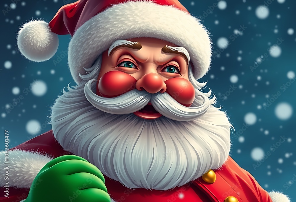 A Santa Claus , with bold red and green colors, golden accents, and a snowy night sky background. A Santa Claus , with bold red and green colors, golden accents, and a snowy night sky background.