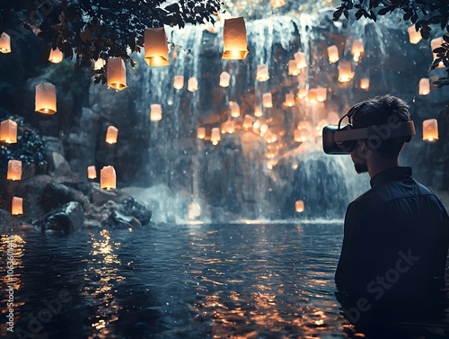 Immersed in Virtual Zen A Person Wearing VR Glasses Surrounded by Calming Waterfalls and Floating Lanterns photo