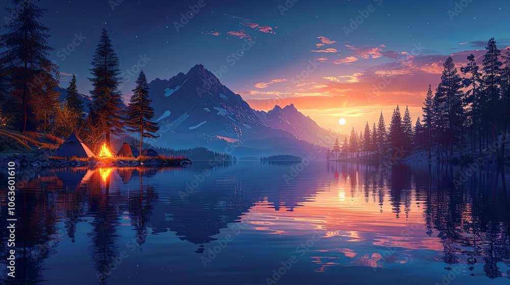 Fototapeta premium A group of friends sets up camp by a serene lake, their tents glowing softly as the sun sets behind the mountains. A fire crackles nearby, and the smell of pine trees and fresh air fills the campsite