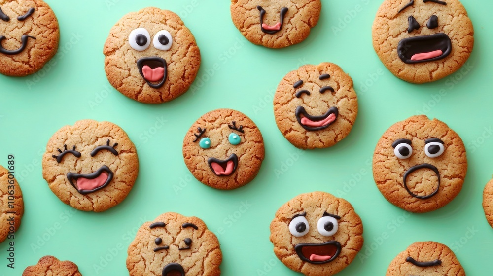 Colorful Cookies with Fun Faces on a Bright Background Colorful Cookies with Fun Faces on a Bright Background
