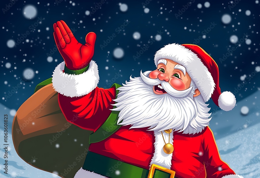 A Santa Claus , with bold red and green colors, golden accents, and a snowy night sky background. A Santa Claus , with bold red and green colors, golden accents, and a snowy night sky background.