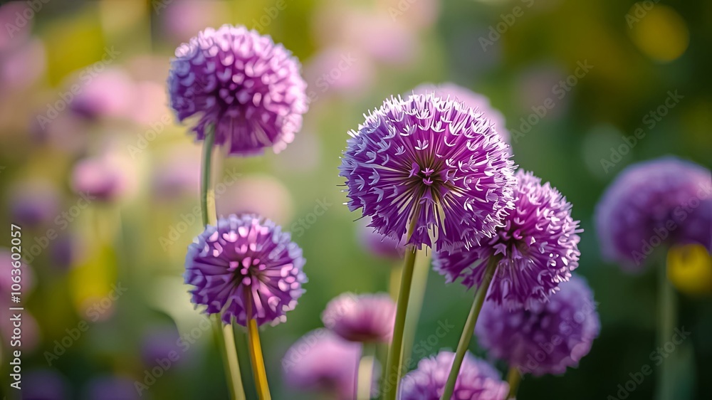 A symphony of purple blooms in a field of soft green foliage, basking in the warmth of the golden hour. A symphony of purple blooms in a field of soft green foliage, basking in the warmth of the golden hour.