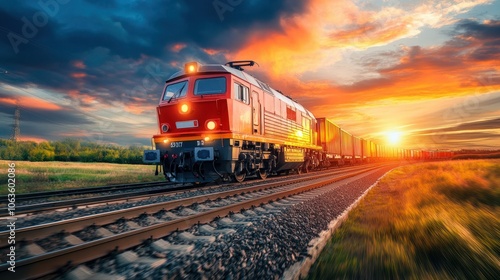 Vibrant Train Moving Along Tracks at Sunset