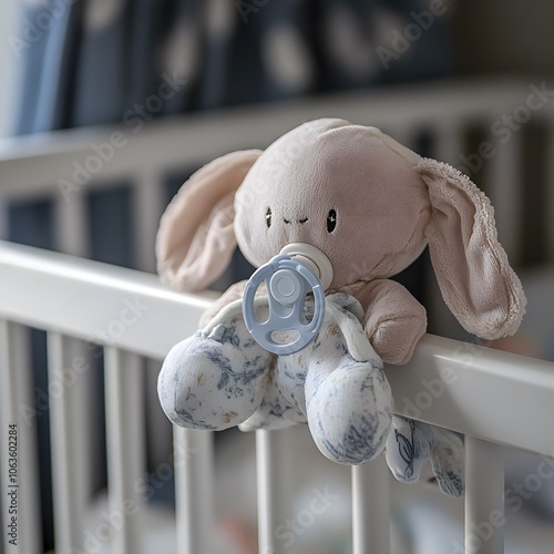 Cozy Plush Bunny Toy Nestled in Baby's Crib for Peaceful Slumber in Nursery photo