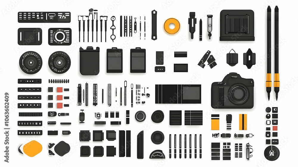 Flat lay of camera accessories and equipment on white background. Flat lay of camera accessories and equipment on white background.