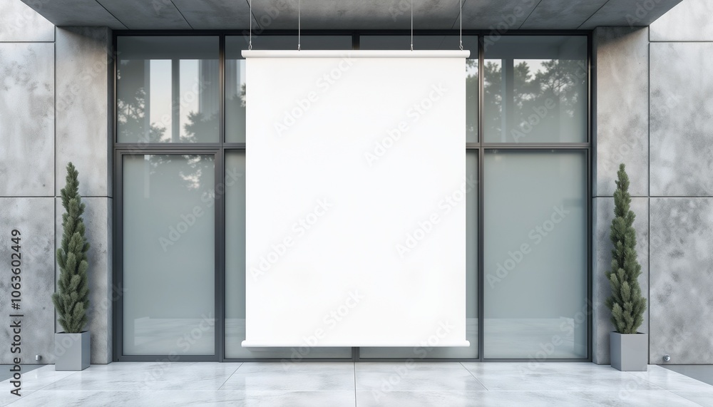 Fototapeta premium Empty white roll-up banner displayed outside a modern building with decorative plants copy space