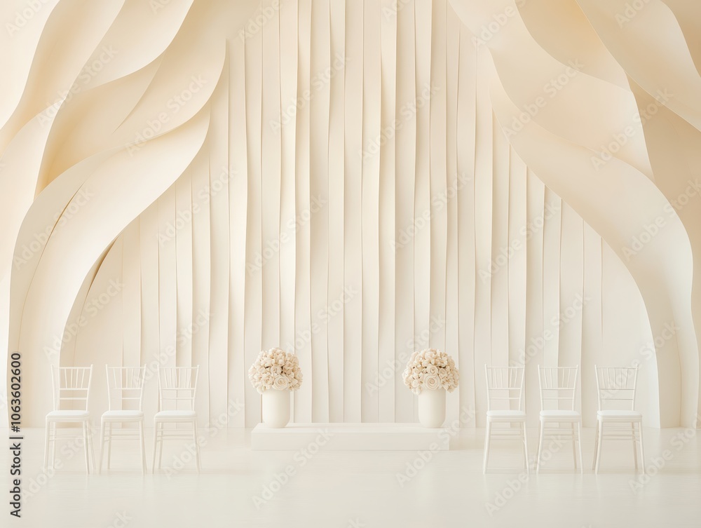 Clean, minimalist ceremony with paper decorations in soft folds, adding texture and simplicity to the space Clean, minimalist ceremony with paper decorations in soft folds, adding texture and simplicity to the space