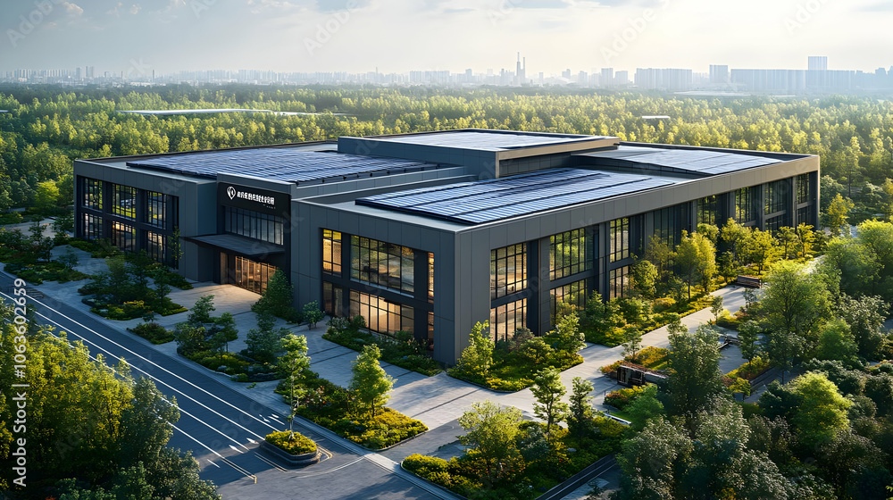 Modern Building with Solar Panels, Aerial View 3D Illustration Modern Building with Solar Panels, Aerial View 3D Illustration