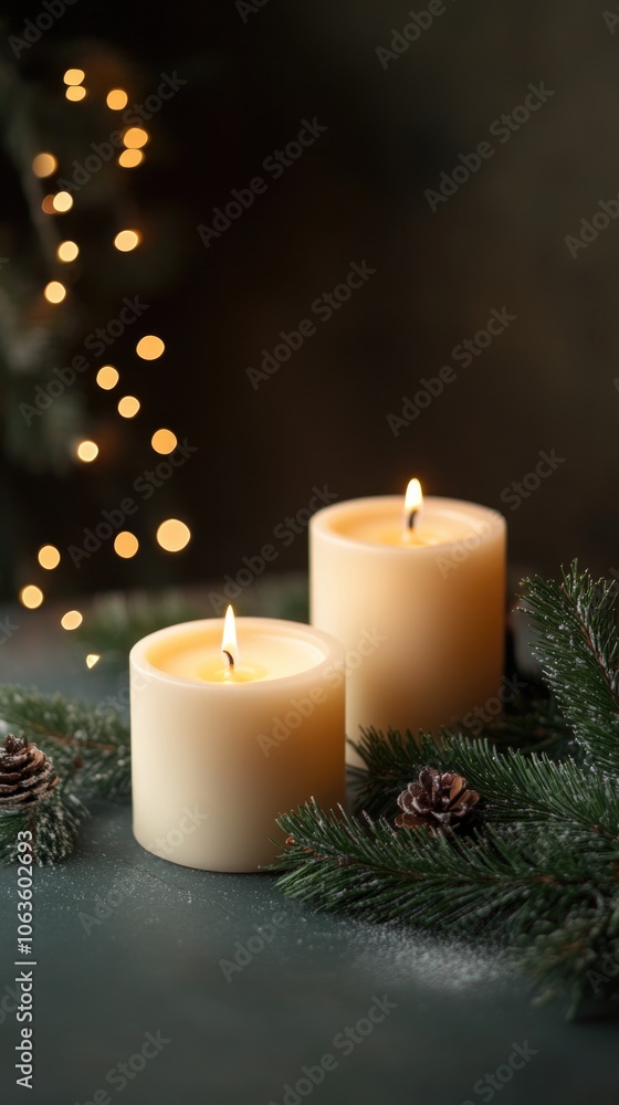Beautiful Christmas white candles stand on the table on the left with copy space for text on the right. Xmas decor against a rough blue background. New Year's Eve and a holiday miracle Beautiful Christmas white candles stand on the table on the left with copy space for text on the right. Xmas decor against a rough blue background. New Year's Eve and a holiday miracle