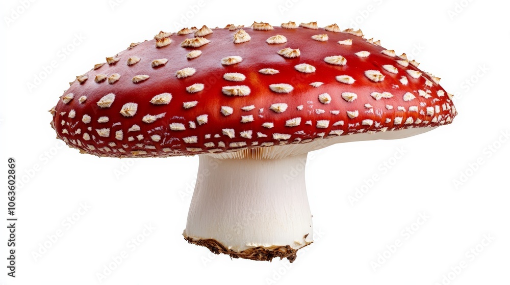 Obraz premium Red and White Toadstool: A classic red and white toadstool with white spots on the cap. The mushroom is isolated on a white background, making it perfect for use in a variety of design projects.