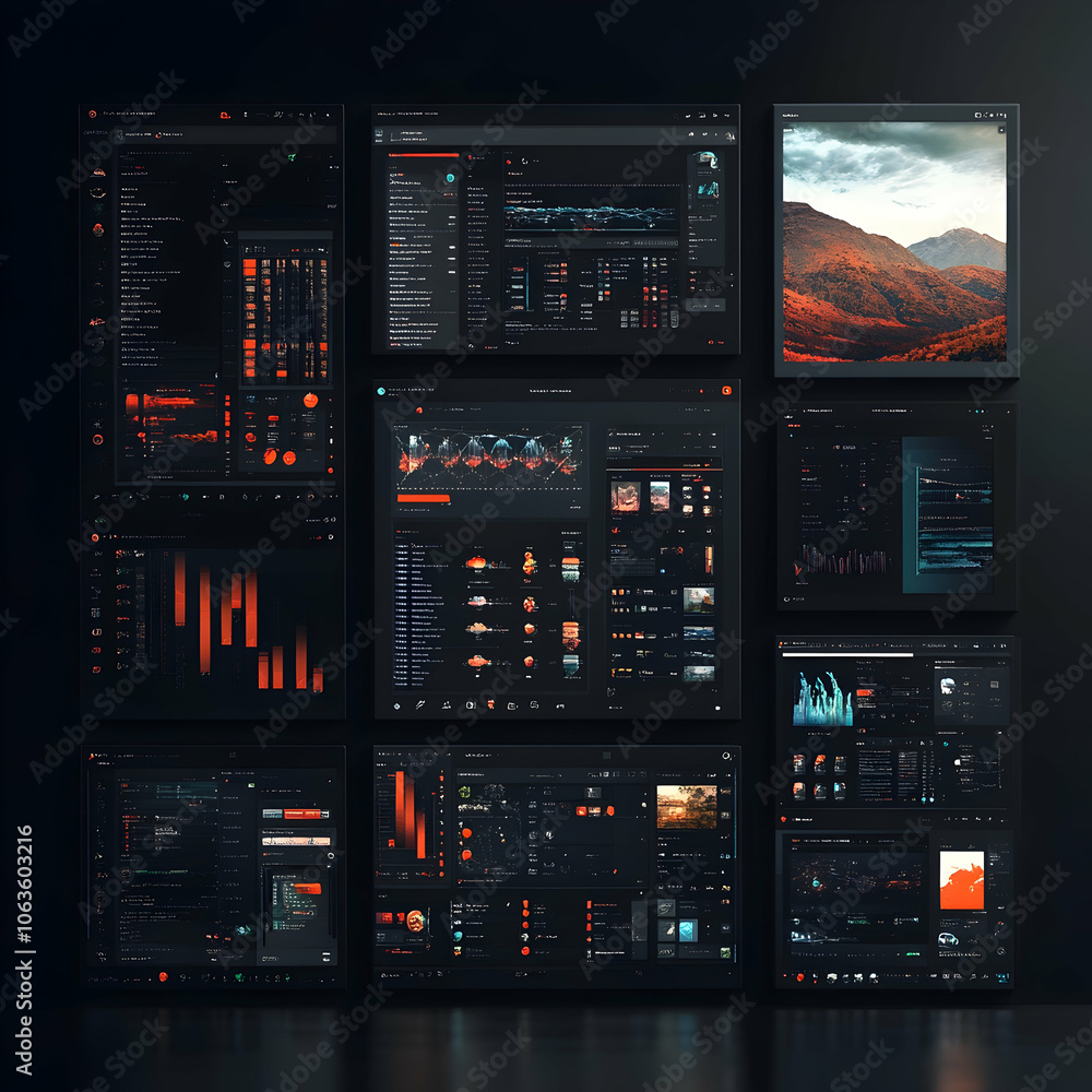 Modern dark mode user interface design with multiple windows displaying graphs, charts, and data. Modern dark mode user interface design with multiple windows displaying graphs, charts, and data.