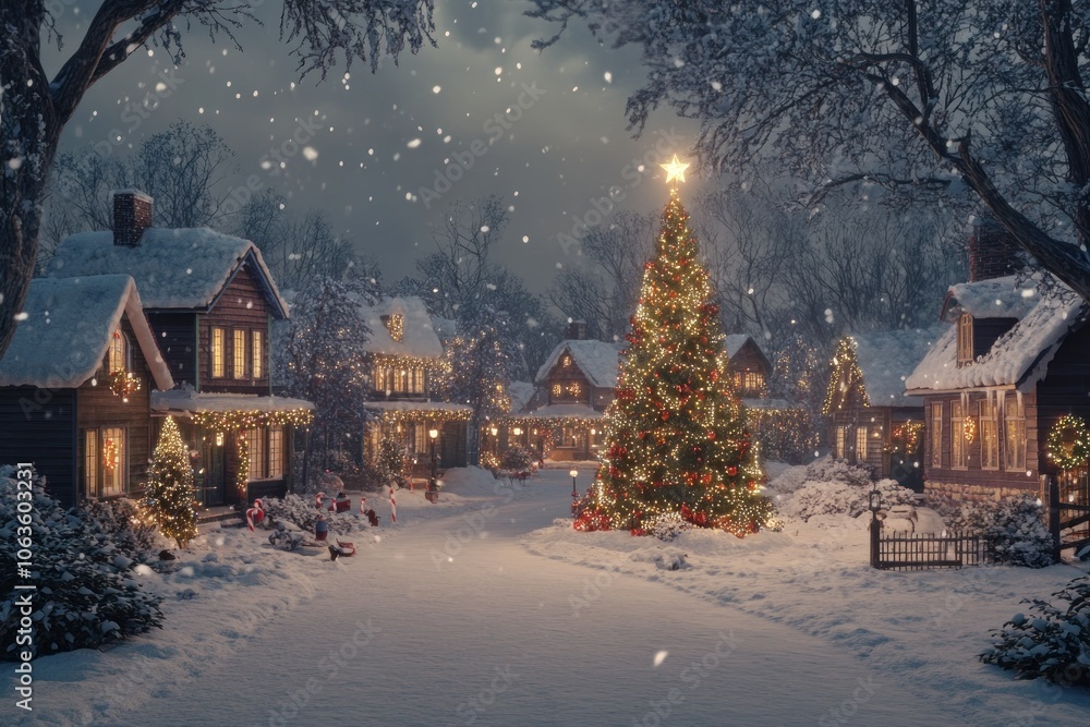 Charming Winter Village Scene with Snow and Decorations Charming Winter Village Scene with Snow and Decorations
