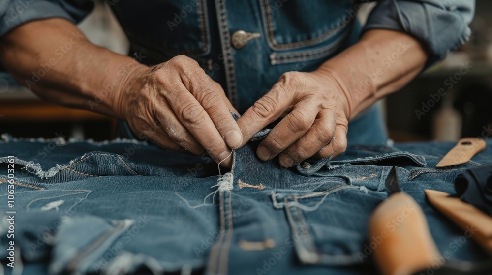 Fototapeta premium Skilled hands sewing denim jacket in artisan workshop