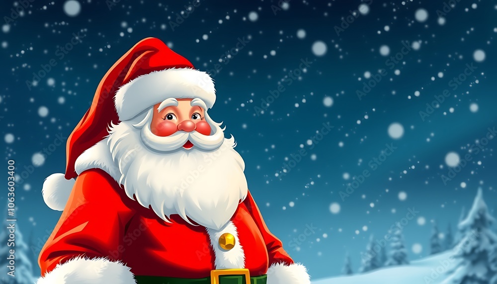 A Santa Claus , with bold red and green colors, golden accents, and a snowy night sky background. A Santa Claus , with bold red and green colors, golden accents, and a snowy night sky background.