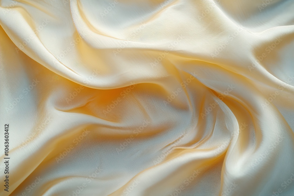 Obraz premium A close-up of the smooth, shiny texture of cream-colored silk fabric with folds and ripples.