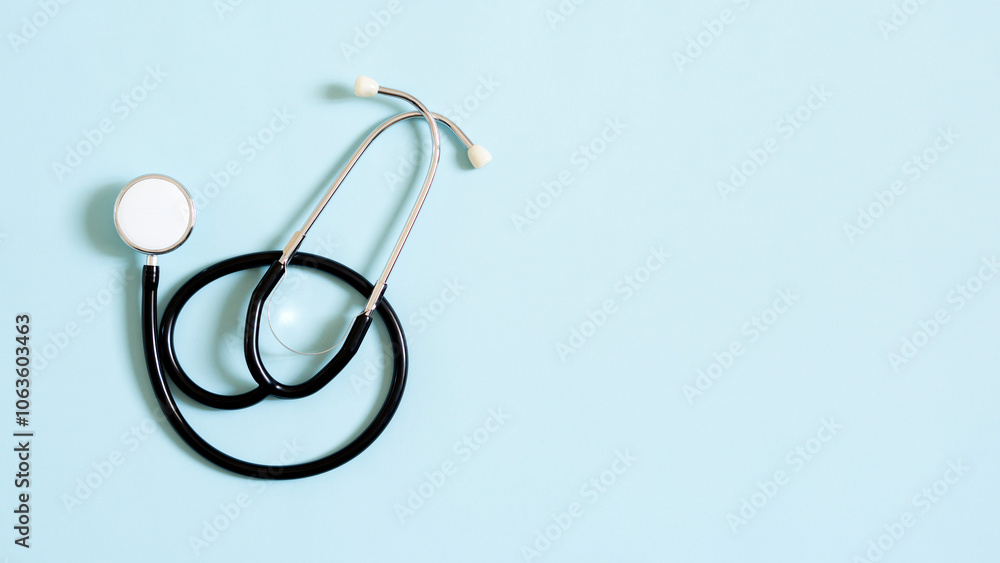 New stethoscope on blue background, top view. medical instrument New stethoscope on blue background, top view. medical instrument