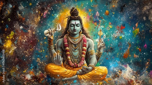Wallpaper Mural A vibrant portrayal of the deity Shiva, surrounded by cosmic elements, symbolizing peace, spirituality, and divine energy. Torontodigital.ca