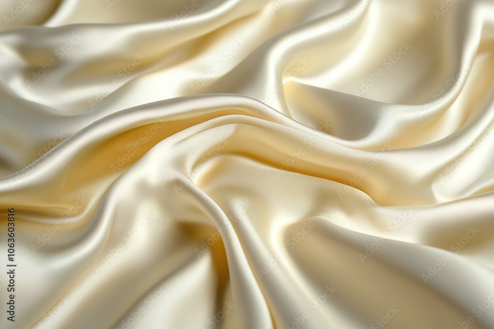 Obraz premium A close-up of the smooth, shiny texture of cream-colored silk fabric with folds and ripples.