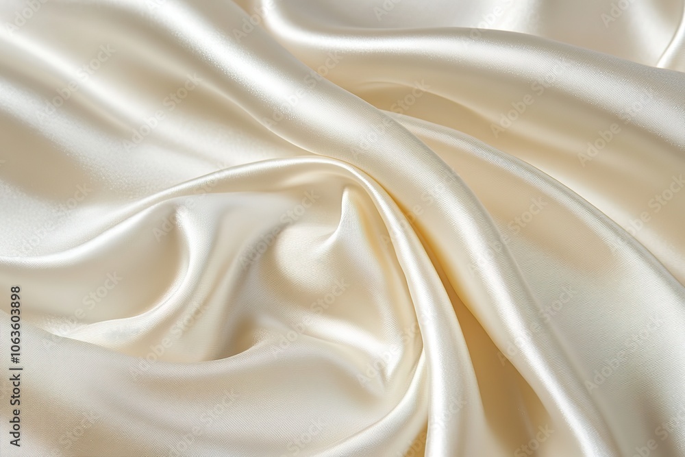 Obraz premium A close-up of the smooth, shiny texture of cream-colored silk fabric with folds and ripples.