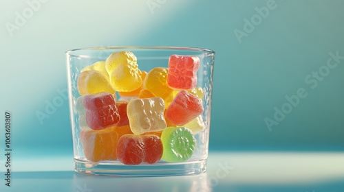 crystal-clear glass container holding various translucent gummy candies