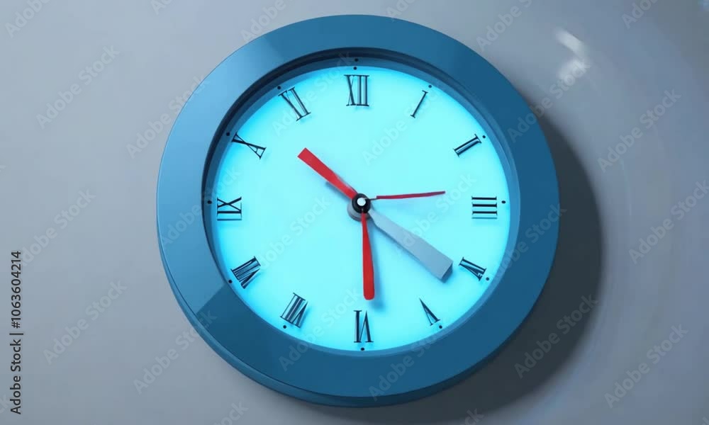 Blue wall clock against a blue sky, illustrating the concept of time with a round dial and clear numbers, perfect for an office or business setting Blue wall clock against a blue sky, illustrating the concept of time with a round dial and clear numbers, perfect for an office or business setting