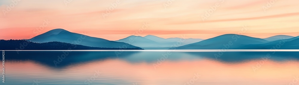 A serene landscape featuring tranquil mountains reflected in calm waters during sunset, creating a picturesque nature scene. A serene landscape featuring tranquil mountains reflected in calm waters during sunset, creating a picturesque nature scene.