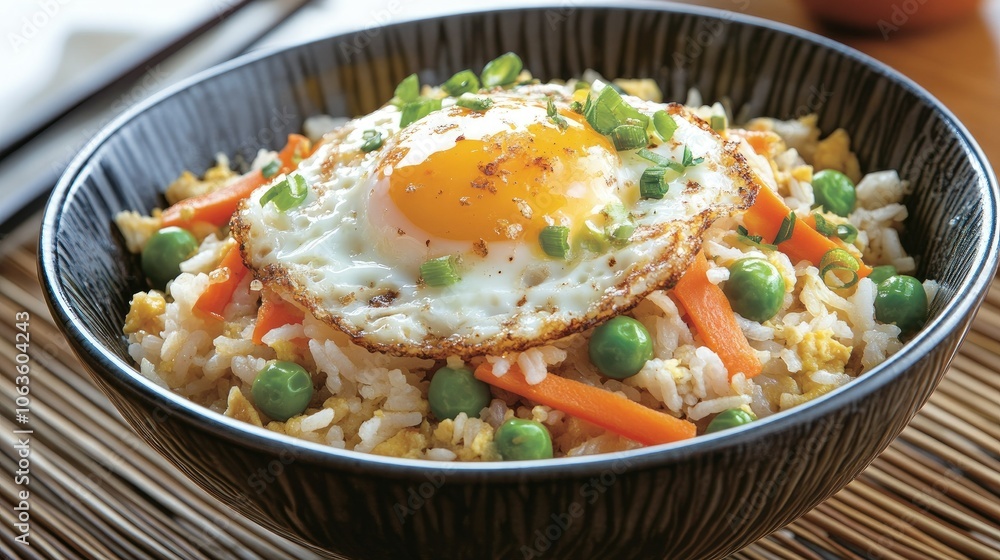Bowl of warm fried rice with scrambled egg, peas, and carrots, garnished with green onions, ready for a comforting meal Bowl of warm fried rice with scrambled egg, peas, and carrots, garnished with green onions, ready for a comforting meal