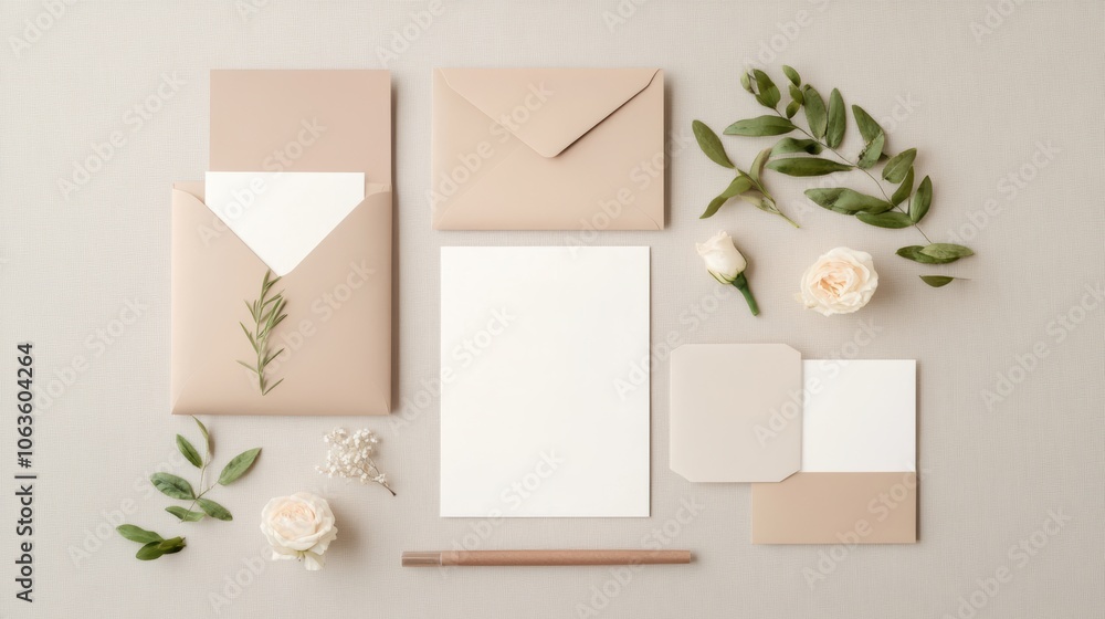 Elegant Wedding Invitation Set with Envelopes and Floral Decor on Neutral Background Elegant Wedding Invitation Set with Envelopes and Floral Decor on Neutral Background