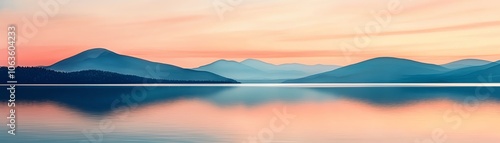 Wallpaper Mural A serene landscape featuring tranquil mountains reflected in calm waters during sunset, creating a picturesque nature scene. Torontodigital.ca