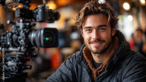 A young man with a beard and a smile, standing in front of a professional video camera on a film set.