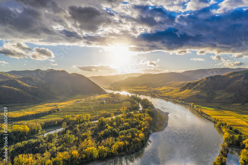 Autumn Wachau valley (UNESCO) during autumn sunset with Danube river near the Durnstein village in Lower Austria, Austria