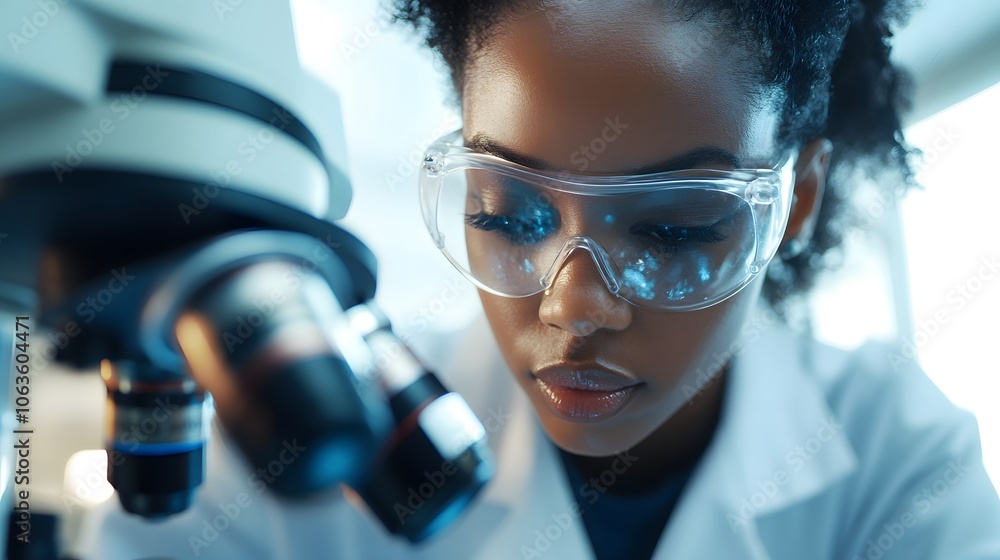 Close-up of a Focused Female Scientist Examining a Microscope Slide Close-up of a Focused Female Scientist Examining a Microscope Slide