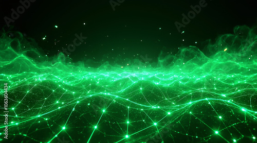 A futuristic green grid forming a wave pattern, glowing intensely, set against a dark, starry background.