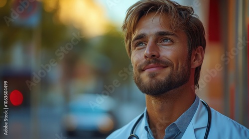 A young man with a beard and a stethoscope around his neck looks up with a thoughtful expression.