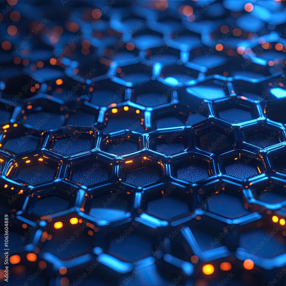 Futuristic hexagonal pattern glowing in blue and orange light on a dark background. Futuristic hexagonal pattern glowing in blue and orange light on a dark background.