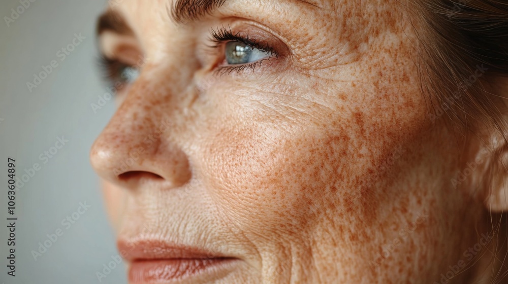 Fototapeta premium A woman gazes thoughtfully to the side, highlighting her striking freckles and fine lines, reflecting her unique beauty and confidence during golden hour.