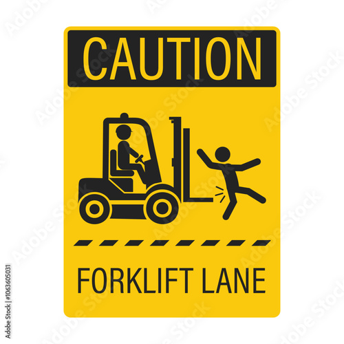 Yellow safety sign icon of black pictogram forklift lane, keep clear, may cause injury, for industrial vehicle caution alert