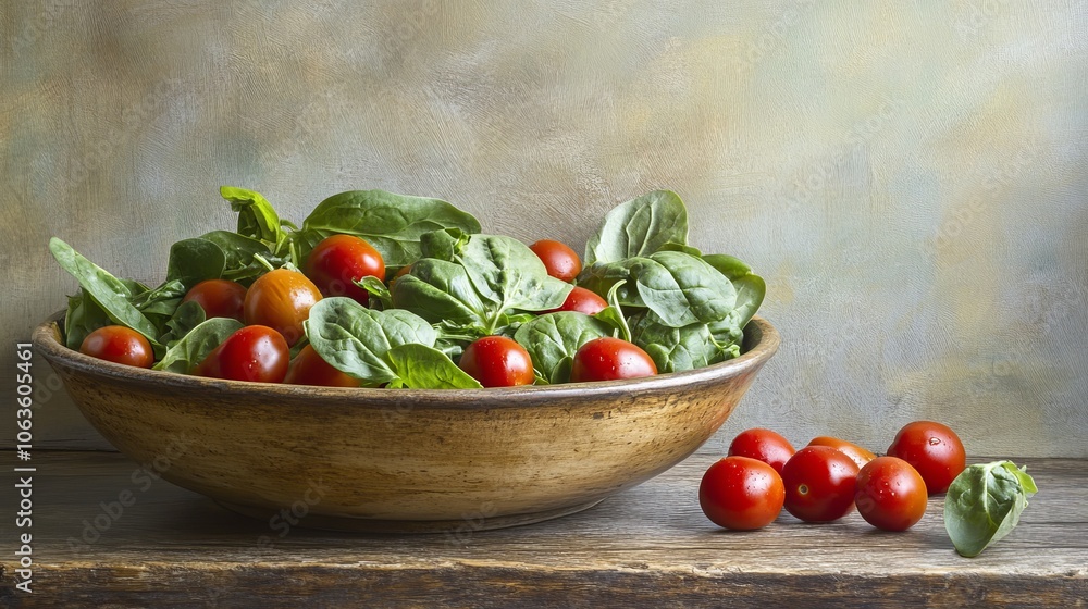 A rustic bowl filled with fresh spinach and cherry tomatoes, showcasing vibrant colors and natural textures. A rustic bowl filled with fresh spinach and cherry tomatoes, showcasing vibrant colors and natural textures.