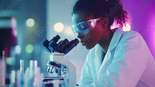 A Woman in a Lab Coat Uses a Microscope Under Neon Lights