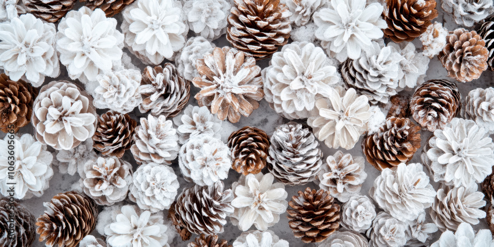 Frozen pine cones background creates a wintery and festive atmosphere. Frozen pine cones background creates a wintery and festive atmosphere.