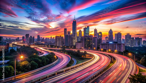 A vibrant sunset over a city skyline, featuring colorful clouds and dynamic traffic along winding roads.