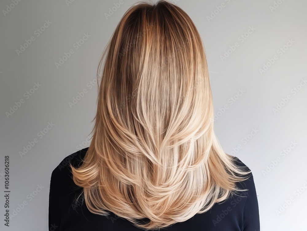 A woman with long blonde hair is shown from the back A woman with long blonde hair is shown from the back