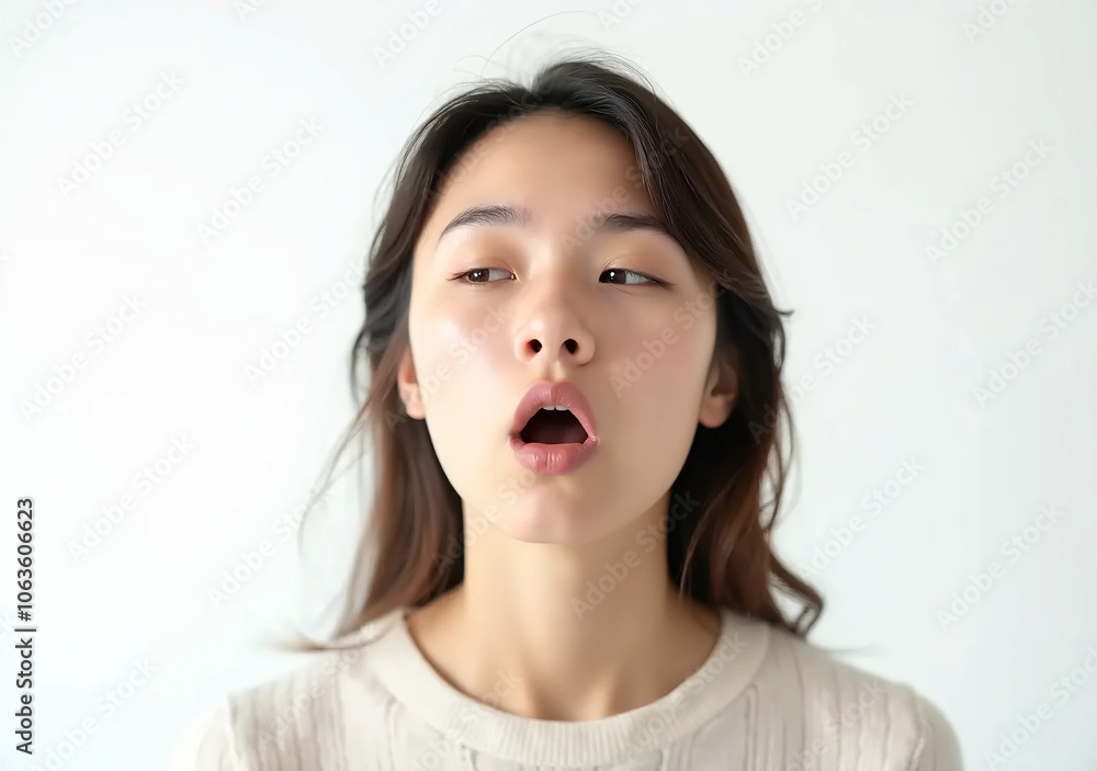 Close-Up of Young Woman Sneezing with Open Mouth Expression Close-Up of Young Woman Sneezing with Open Mouth Expression