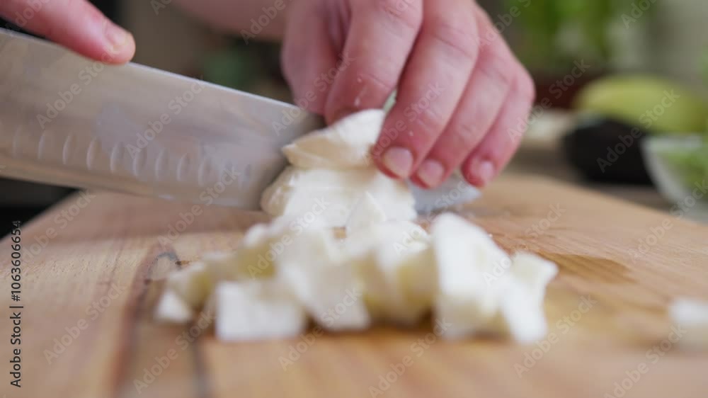 Chef Cuts Buffalo Mozzarella Cheese On A Wooden Cutting Board