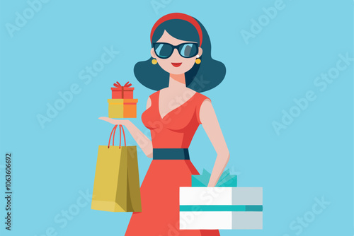 Woman in a Red Dress Holding Shopping Bags and Gifts Against a Blue Background