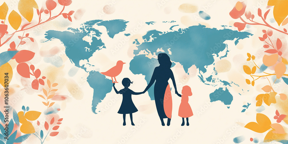Illustration with family symbols on the background of a world map. Global family day Illustration with family symbols on the background of a world map. Global family day